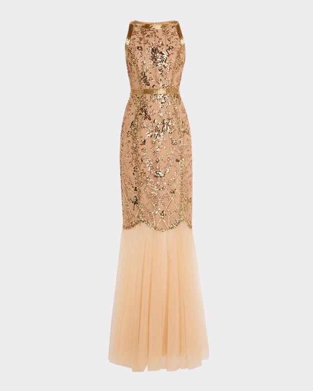 Sleeveless Bead & Sequin Column Gown